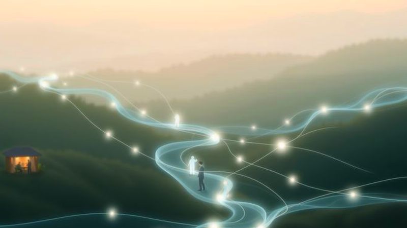 Redes luminosas conectan armoniosamente seres humanos